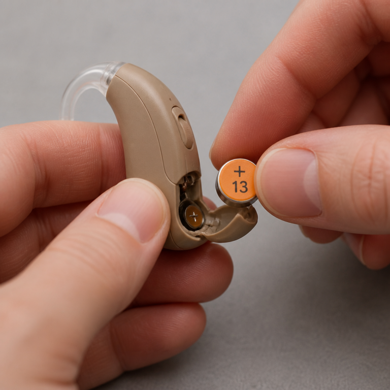Richtiges Einsetzen einer Batterie 13 in ein Hu00f6rgeru00e4t