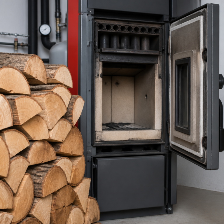 Trockenes Scheitholz neben der feuerfesten Brennkammer eines Heizkessels