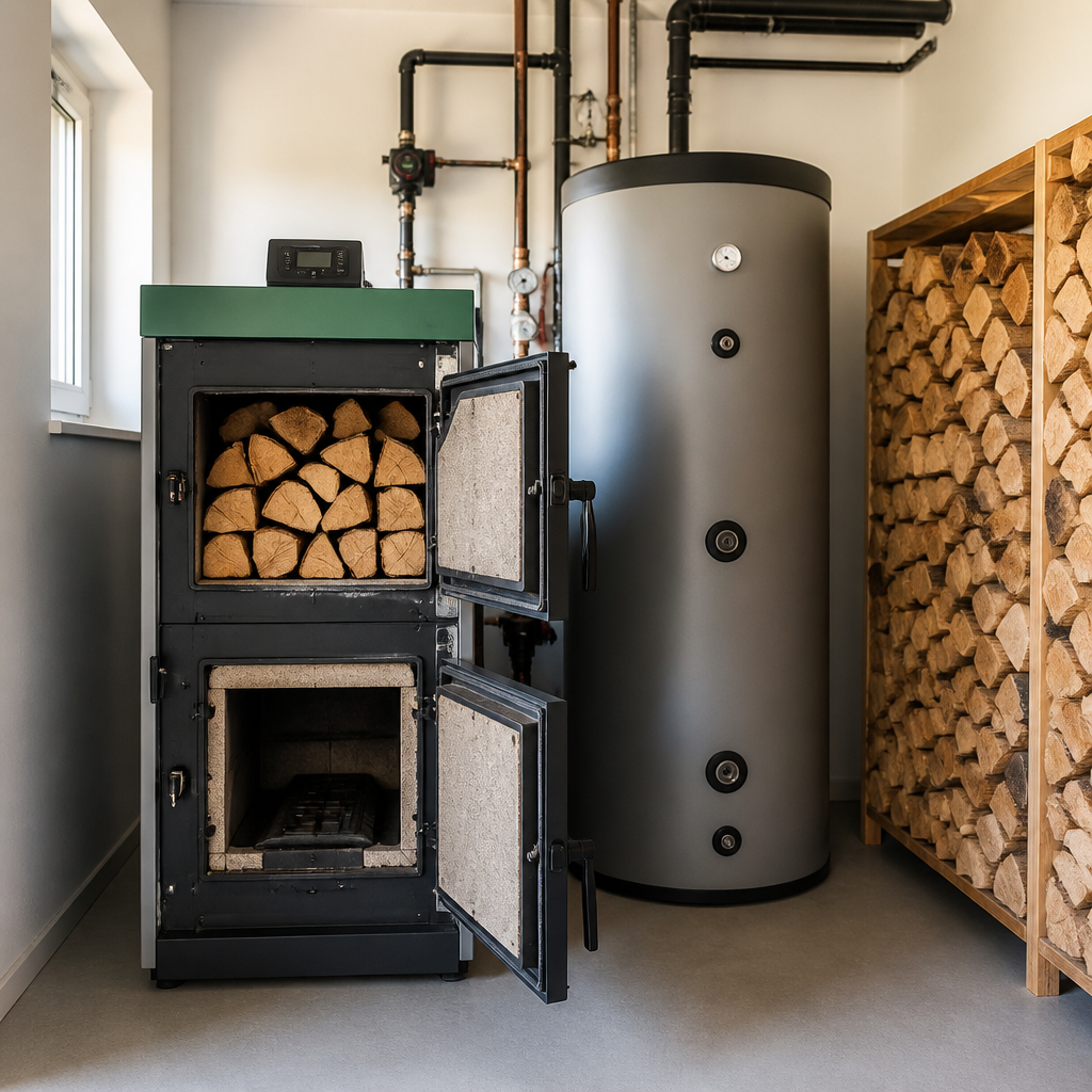 Holzvergaserkessel mit Pufferspeicher und trockenem Scheitholz im Heizraum