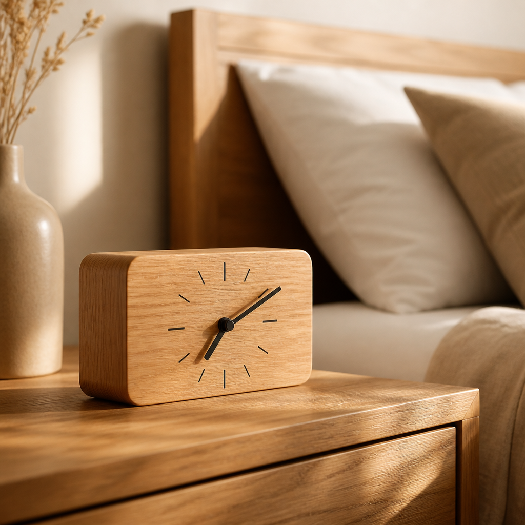 Holzwecker auf einem minimalistischen Nachttisch im warmen Morgenlicht