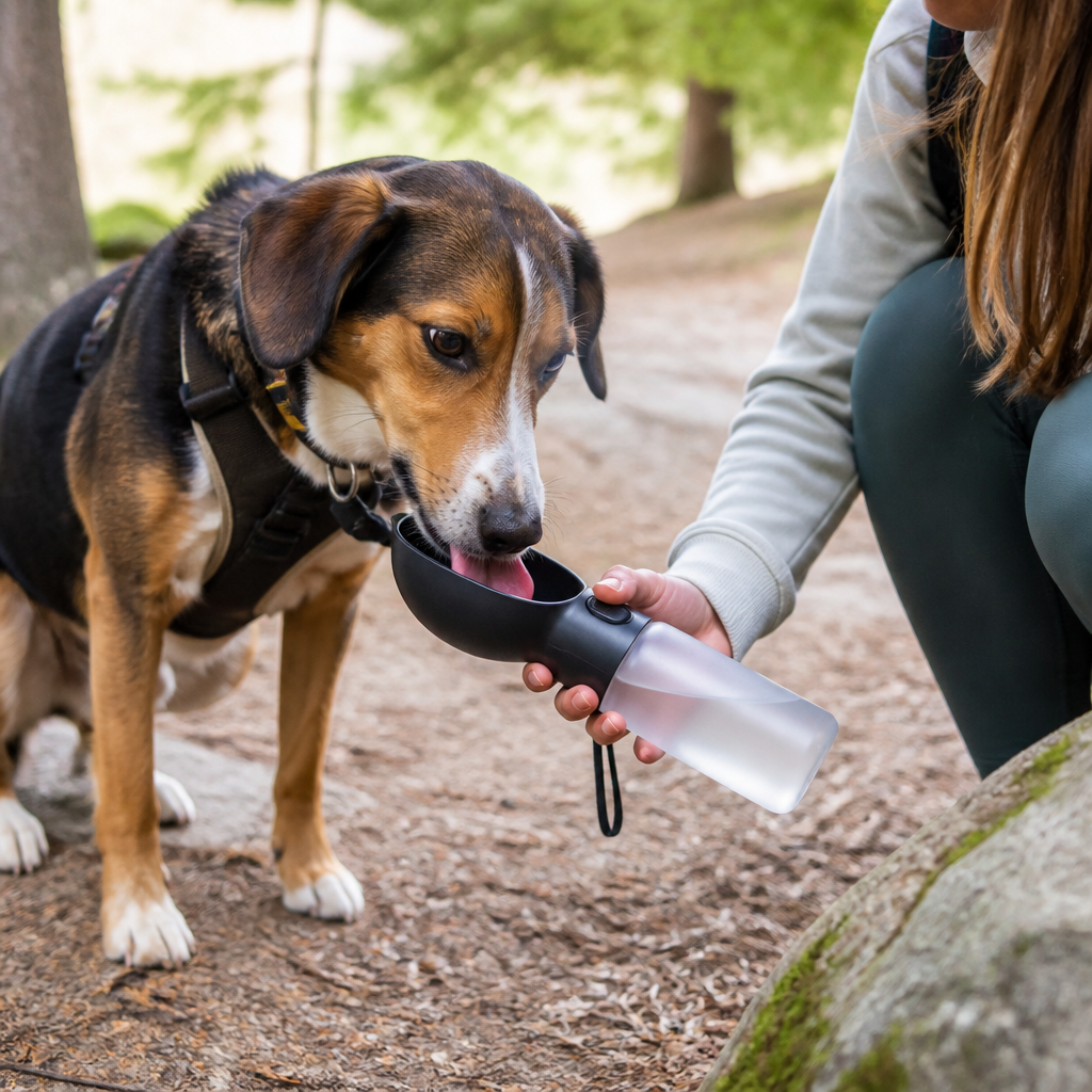 Hund trinkt bei einer Wanderpause aus einer mobilen Trinkflasche mit integrierter Trinkmulde