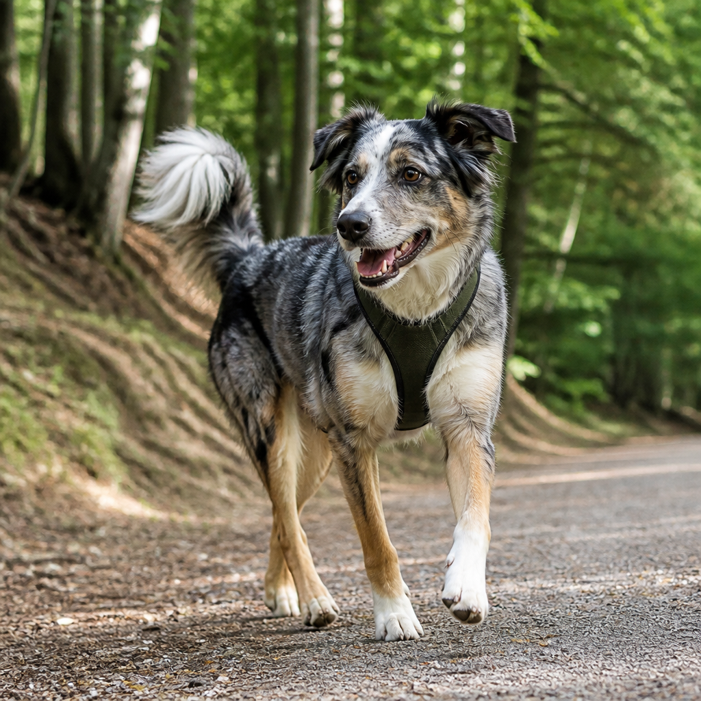 Hund mit gut sitzendem ergonomischem Hundegeschirr auf einem Waldweg