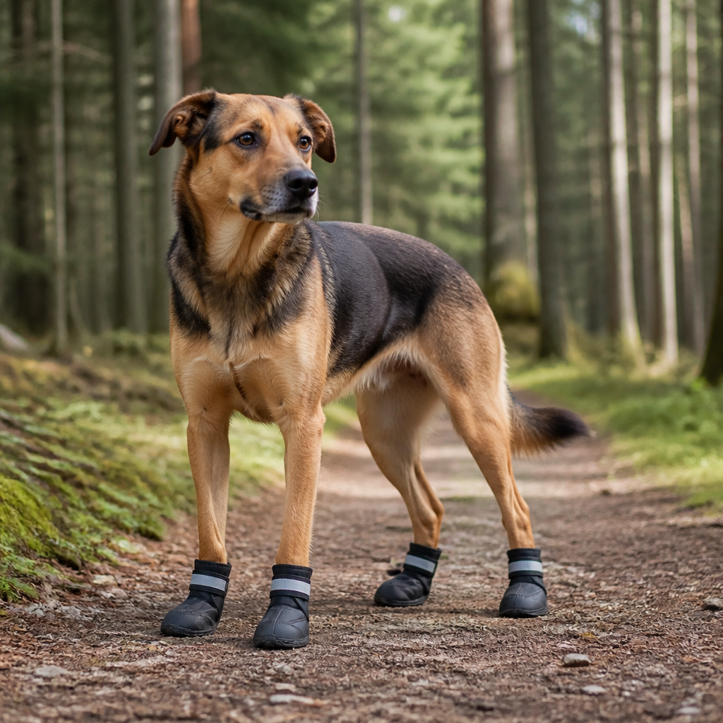 Hund mit gut sitzenden Pfotenschuhen auf einem Waldweg