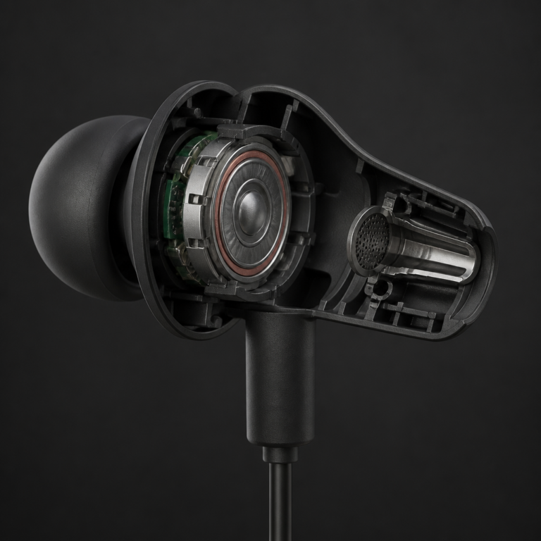 Detailansicht von Treiber und Schallkanal eines In-Ear-Kopfhu00f6rers