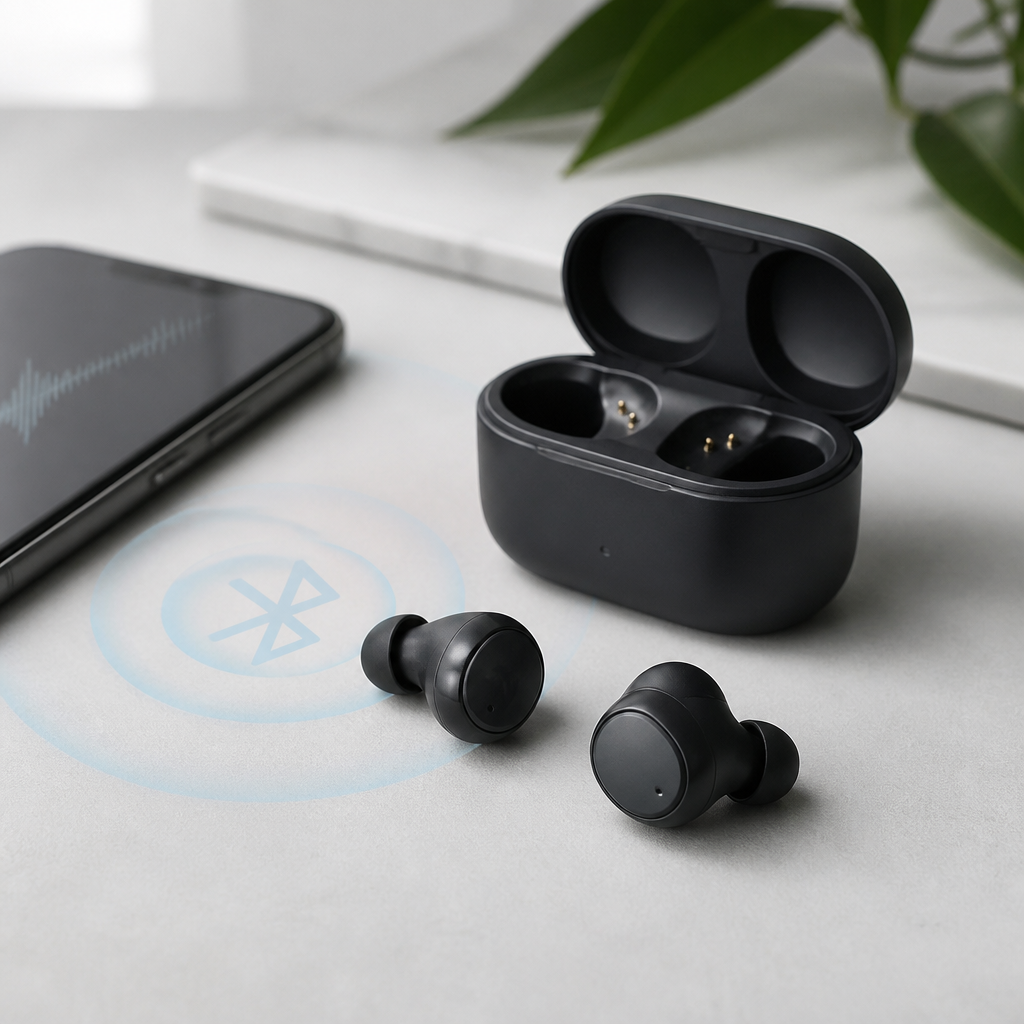 Moderne In-Ear-Kopfhörer mit geöffneter Ladeschale auf einer neutralen Oberfläche