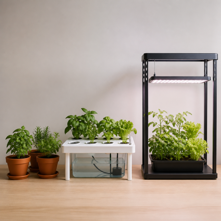 Vergleich aus Topfset, hydroponischem Pflanzsystem und LED-Anzuchtstation