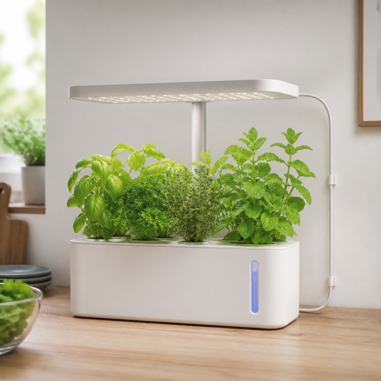 LED-Leuchte u00fcber Kru00e4utern mit Wasserstandsanzeige in einem Indoor-Pflanzsystem