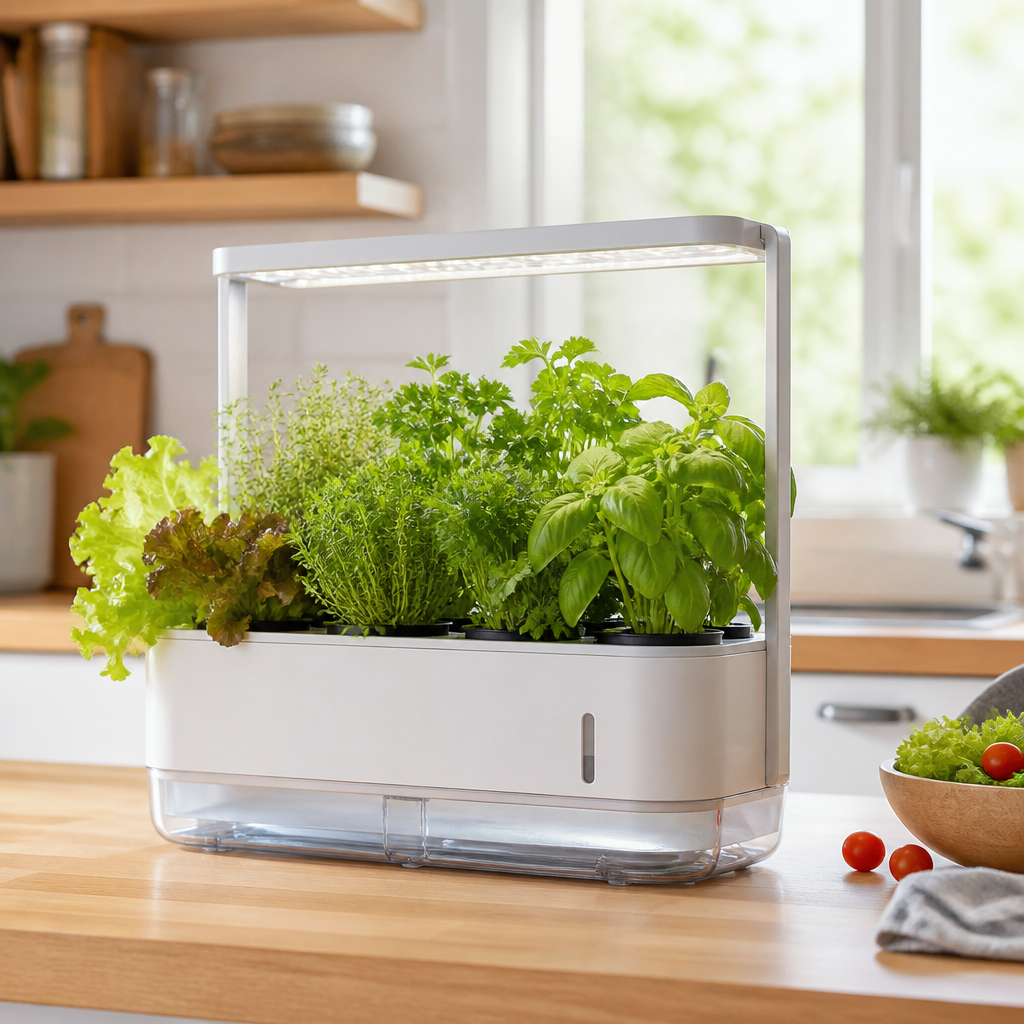 Indoor-Gardening-Set mit Kräutern, Wasserreservoir und LED-Pflanzenleuchte in einer Küche