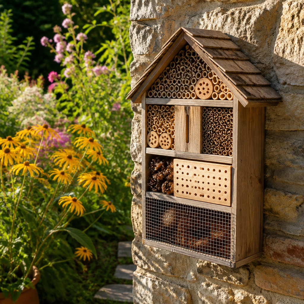 Gut verarbeitetes Insektenhotel an einer sonnigen Gartenwand neben heimischen Blütenpflanzen