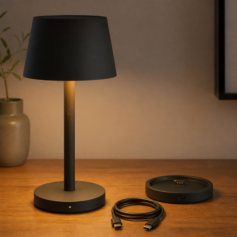 Kabellose Tischlampe mit USB-C-Ladekabel und Ladestation
