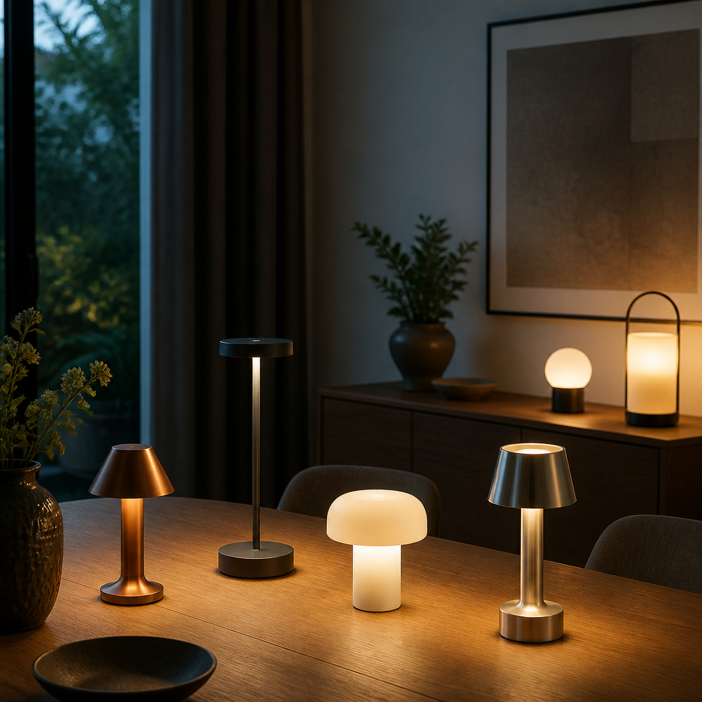 Kabellose Tischlampen in unterschiedlichen Bauformen auf Esstisch und Sideboard