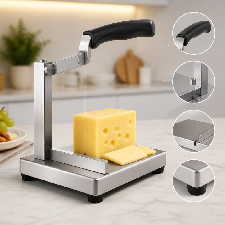 Stabile Auflage und ergonomischer Griff an einem Ku00e4seschneider