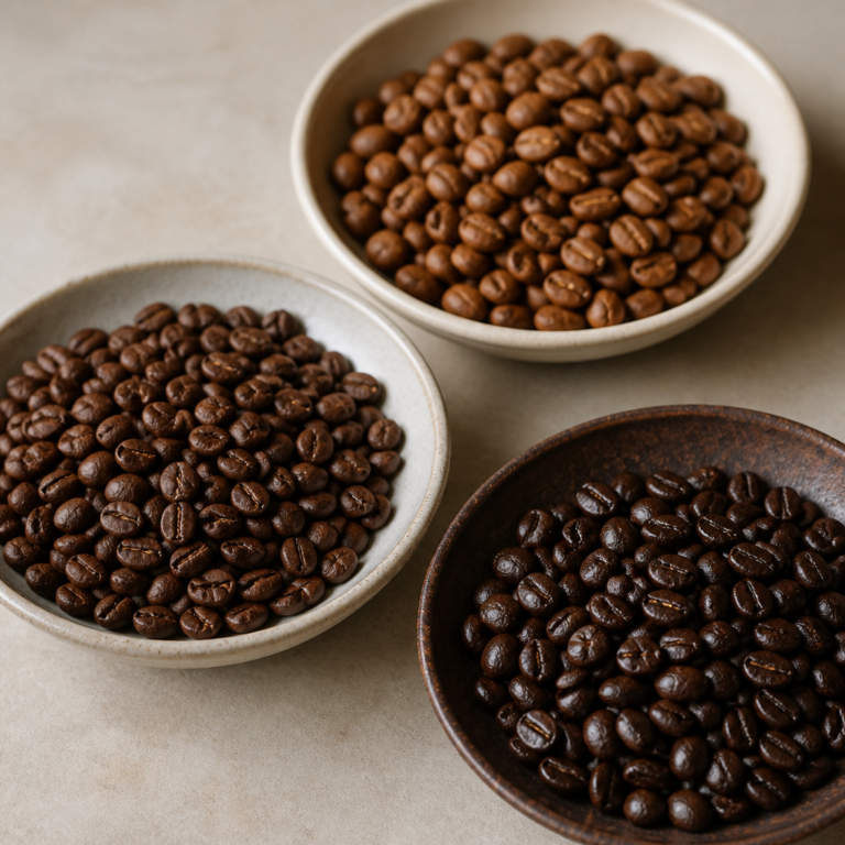 Drei Schalen mit unterschiedlichen geru00f6steten Kaffeebohnen im Vergleich