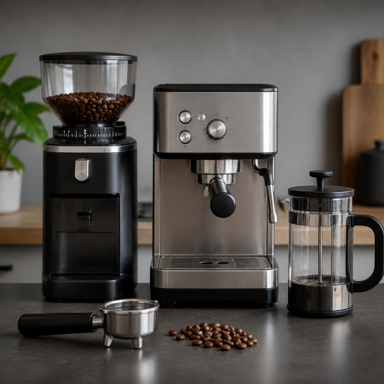 Kaffeemu00fchle und verschiedene Zubereitungsgeru00e4te fu00fcr Kaffeebohnen