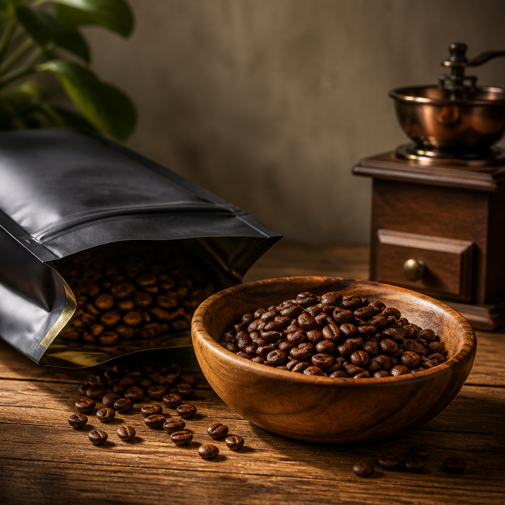 Verschiedene geröstete Kaffeebohnen neben einer Kaffeemühle und einer Kaffeeverpackung