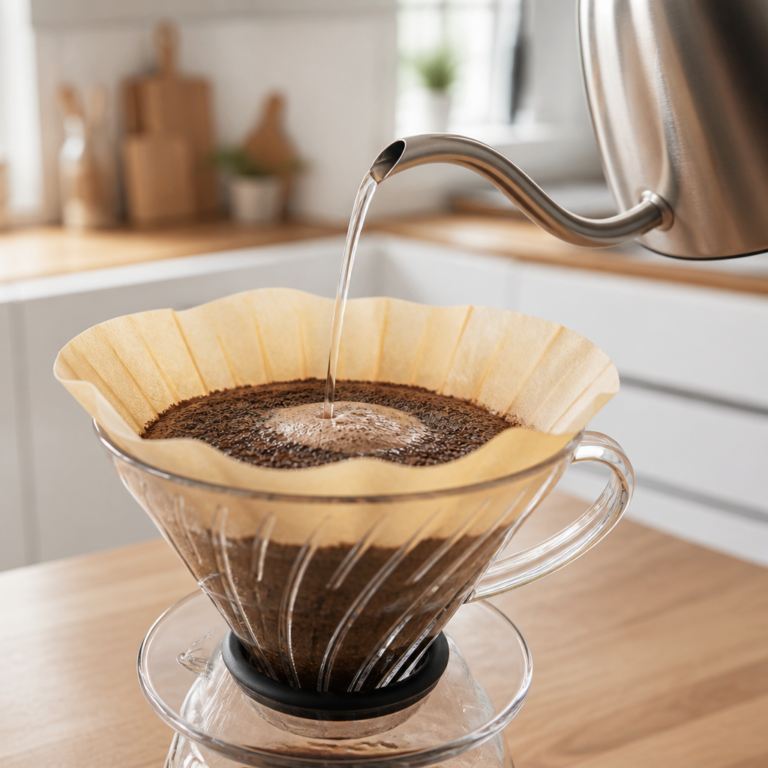 Gleichmu00e4u00dfiges Aufgieu00dfen von Wasser u00fcber Kaffeemehl im Papierfilter