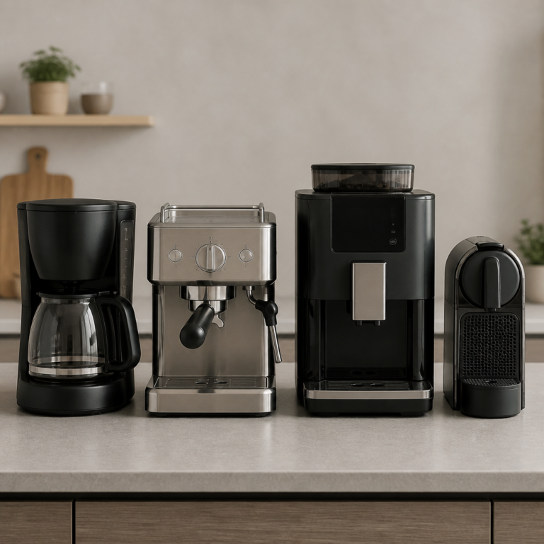 Vergleich verschiedener Kaffeemaschinen-Bauarten in einer Ku00fcche