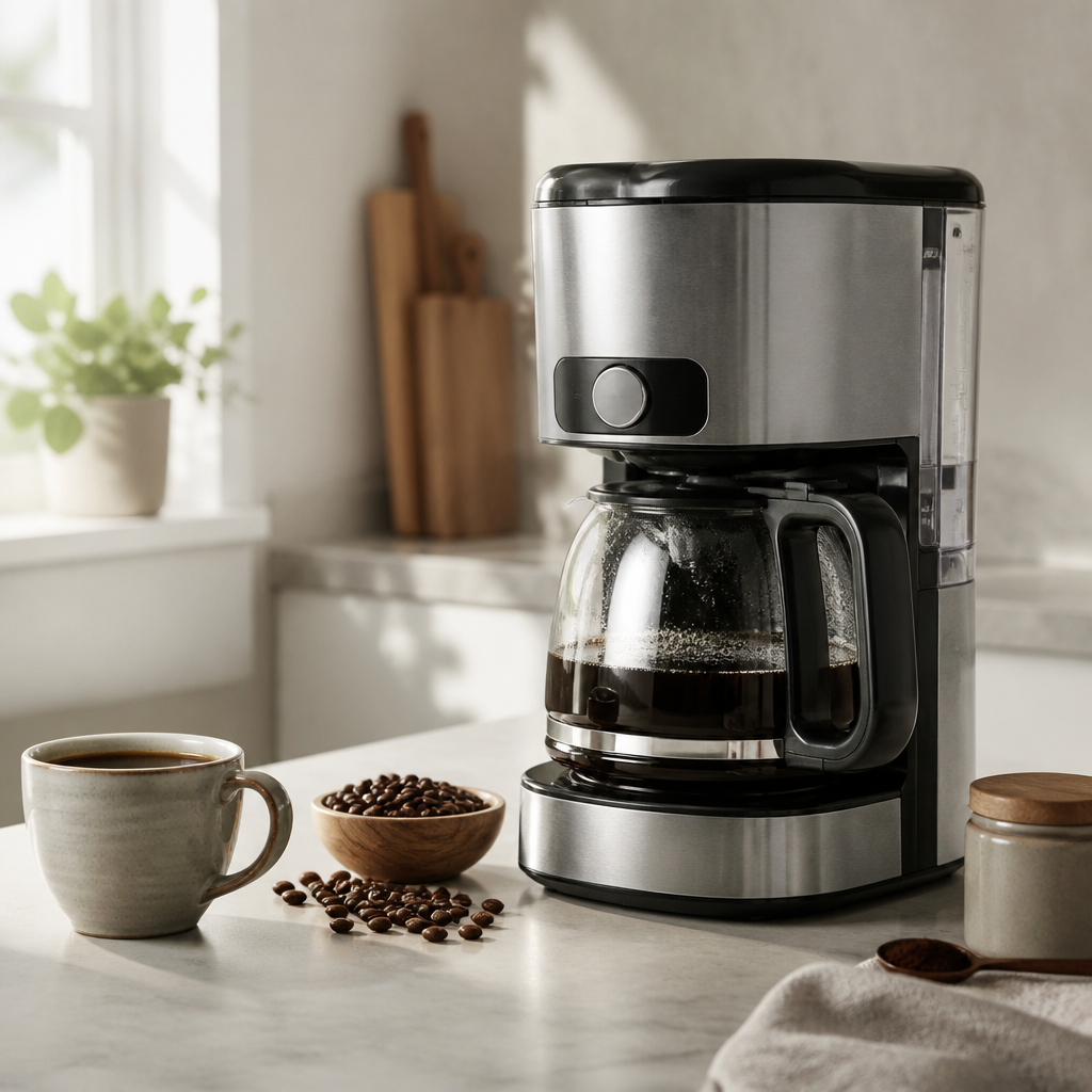 Kaffeemaschine mit frisch zubereitetem Kaffee auf einer Küchenarbeitsplatte