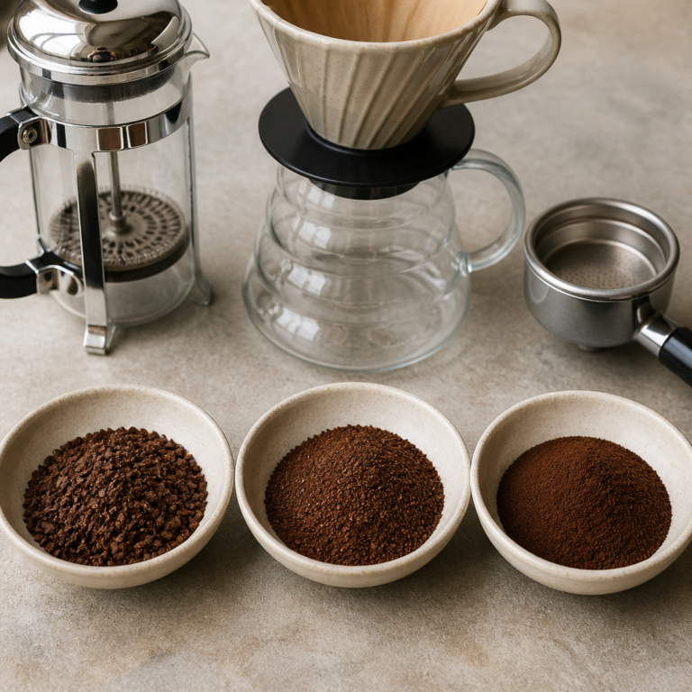 Grobes, mittleres und feines Kaffeemehl neben verschiedenen Zubereitungsarten