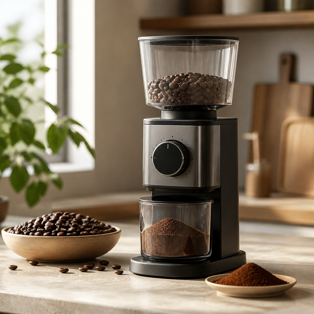 Kaffeemühle mit Kaffeebohnen und frisch gemahlenem Kaffeemehl auf einer Küchenarbeitsfläche