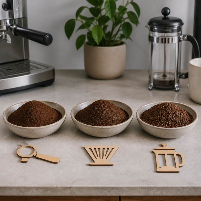 Drei Schalen mit feinem, mittlerem und grobem Kaffeemehl fu00fcr verschiedene Zubereitungsarten