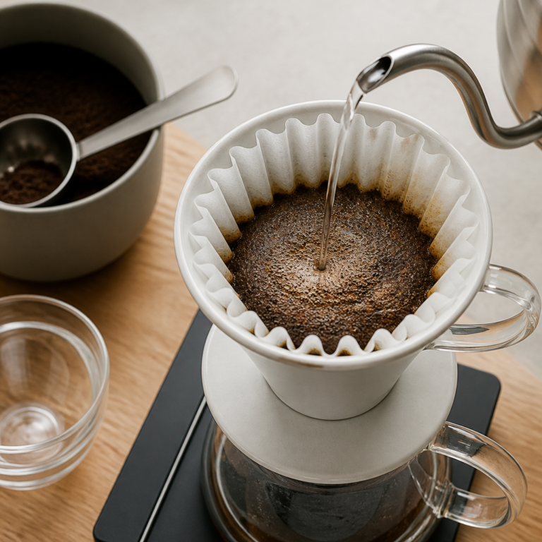 Abwiegen und gleichmu00e4u00dfiges Aufgieu00dfen von Kaffeepulver im Handfilter