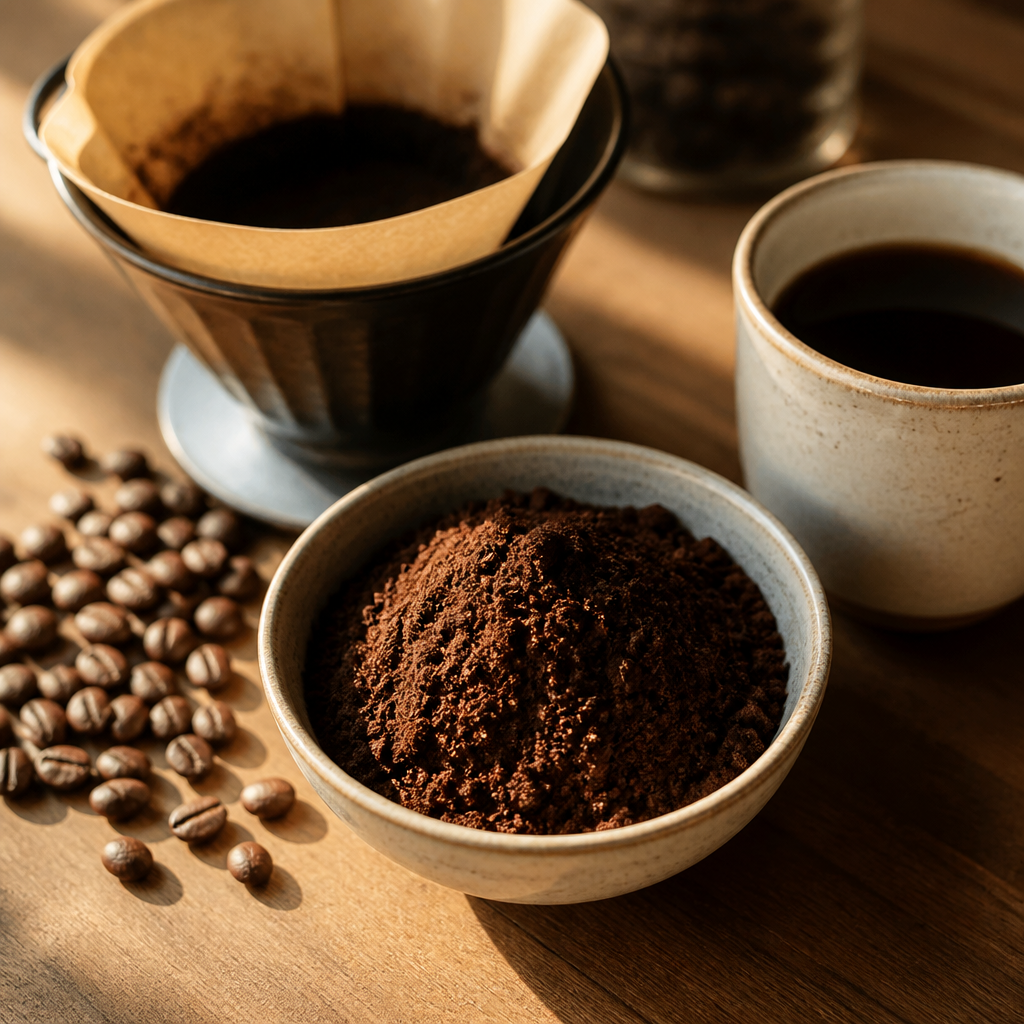 Kaffeepulver in einer Schale neben Kaffeebohnen, Filterhalter und Tasse