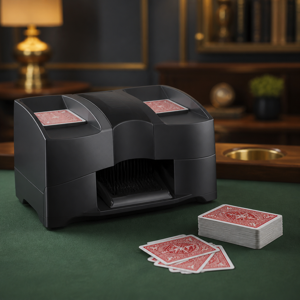 Kartenmischmaschine mit Spielkarten auf einem Spieltisch