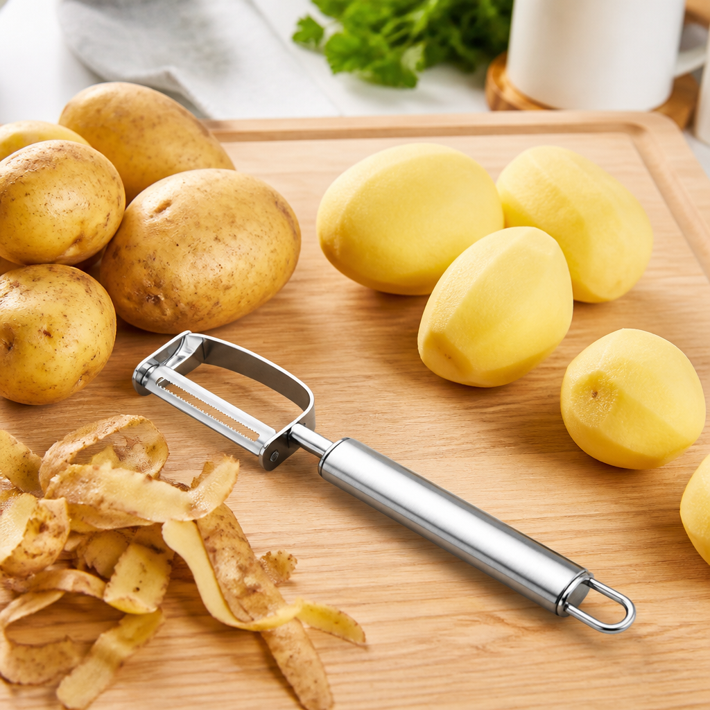 Kartoffelschäler neben geschälten und ungeschälten Kartoffeln auf einem Küchenbrett