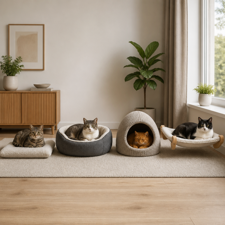 Verschiedene Katzenbett-Ausfu00fchrungen im Vergleich: Kissen, Randbett, Hu00f6hle und Fensterliege.