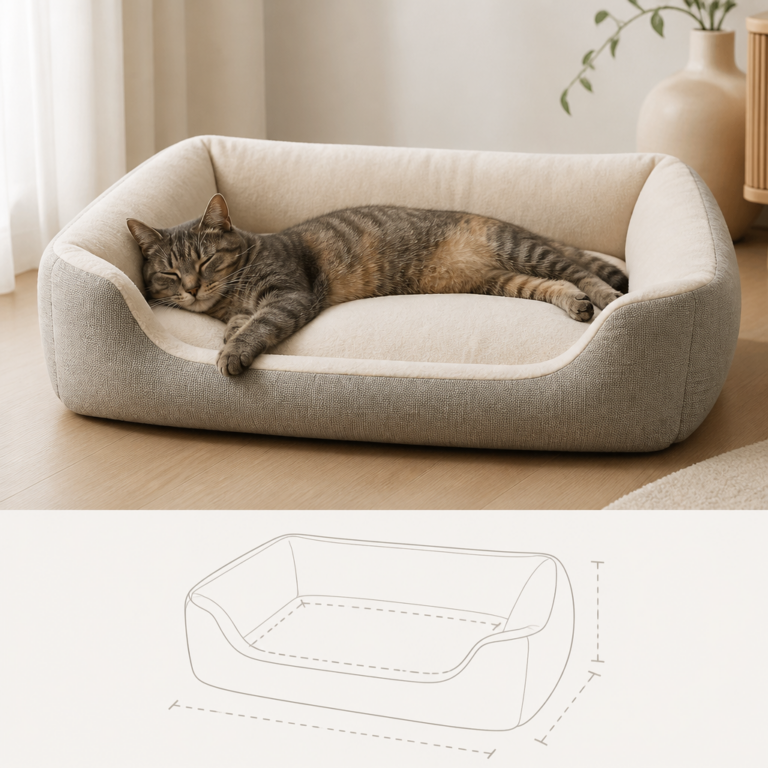 Ausgestreckte Katze in einem passend dimensionierten Katzenbett mit gut erreichbarem Einstieg.