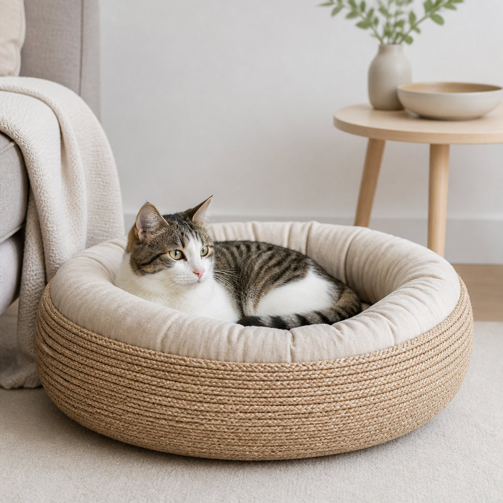 Katze liegt entspannt in einem gepolsterten Katzenbett in einer ruhigen Wohnung.