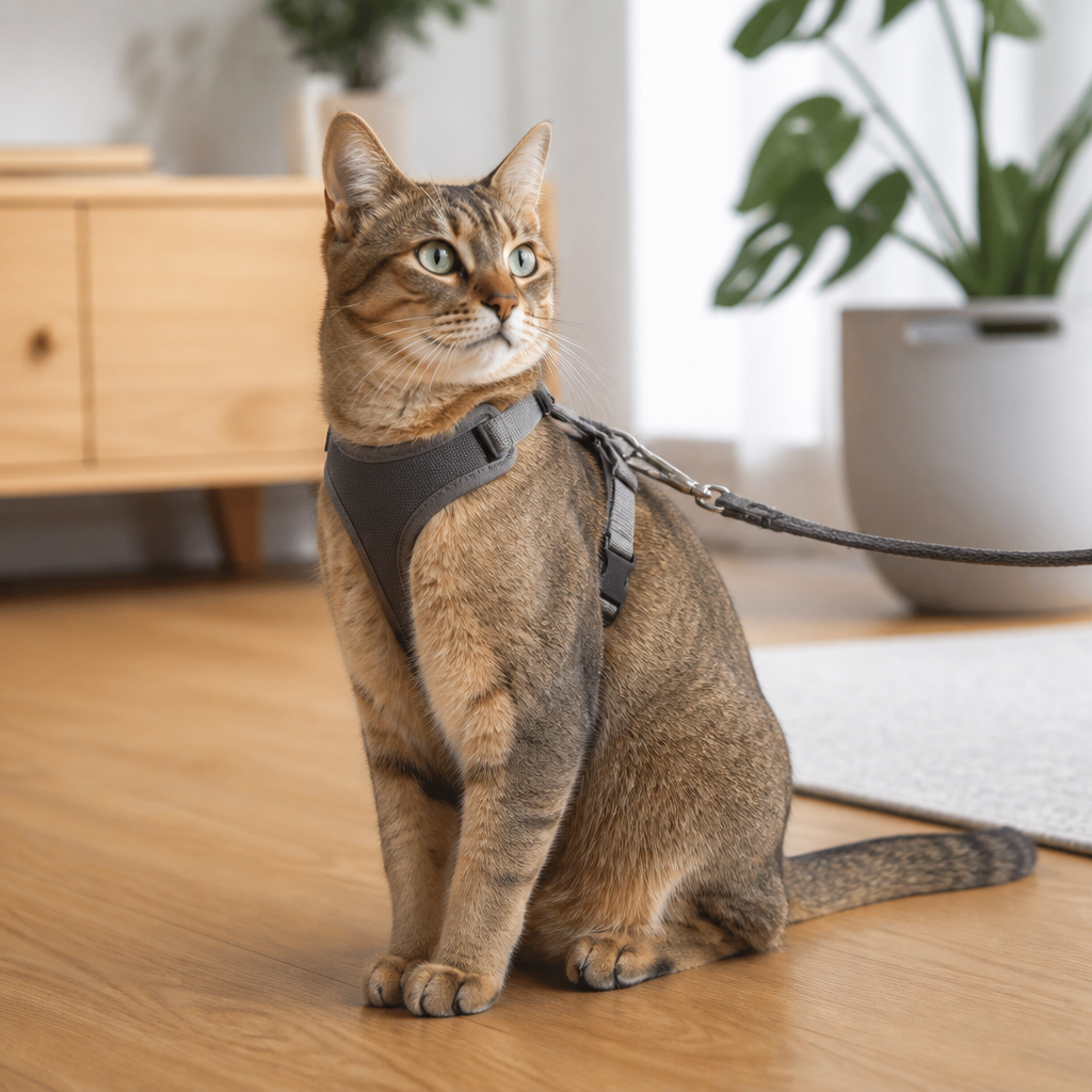 Katze mit gut sitzendem Katzengeschirr in einer hellen Wohnumgebung