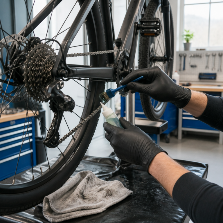 Fahrradkette wird mit Bu00fcrste und Kettenreiniger auf einer Unterlage gereinigt