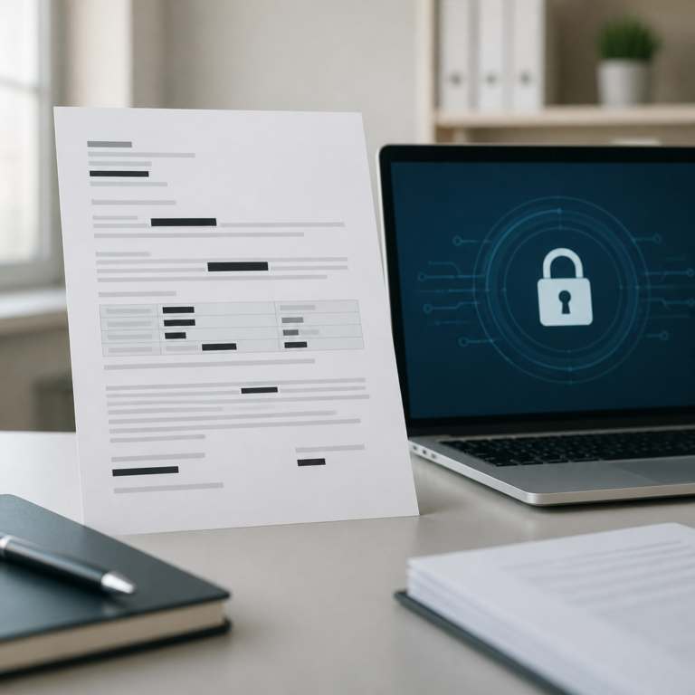 Anonymisiertes Dokument neben einer Anwendung fu00fcr sichere u00dcbersetzungen
