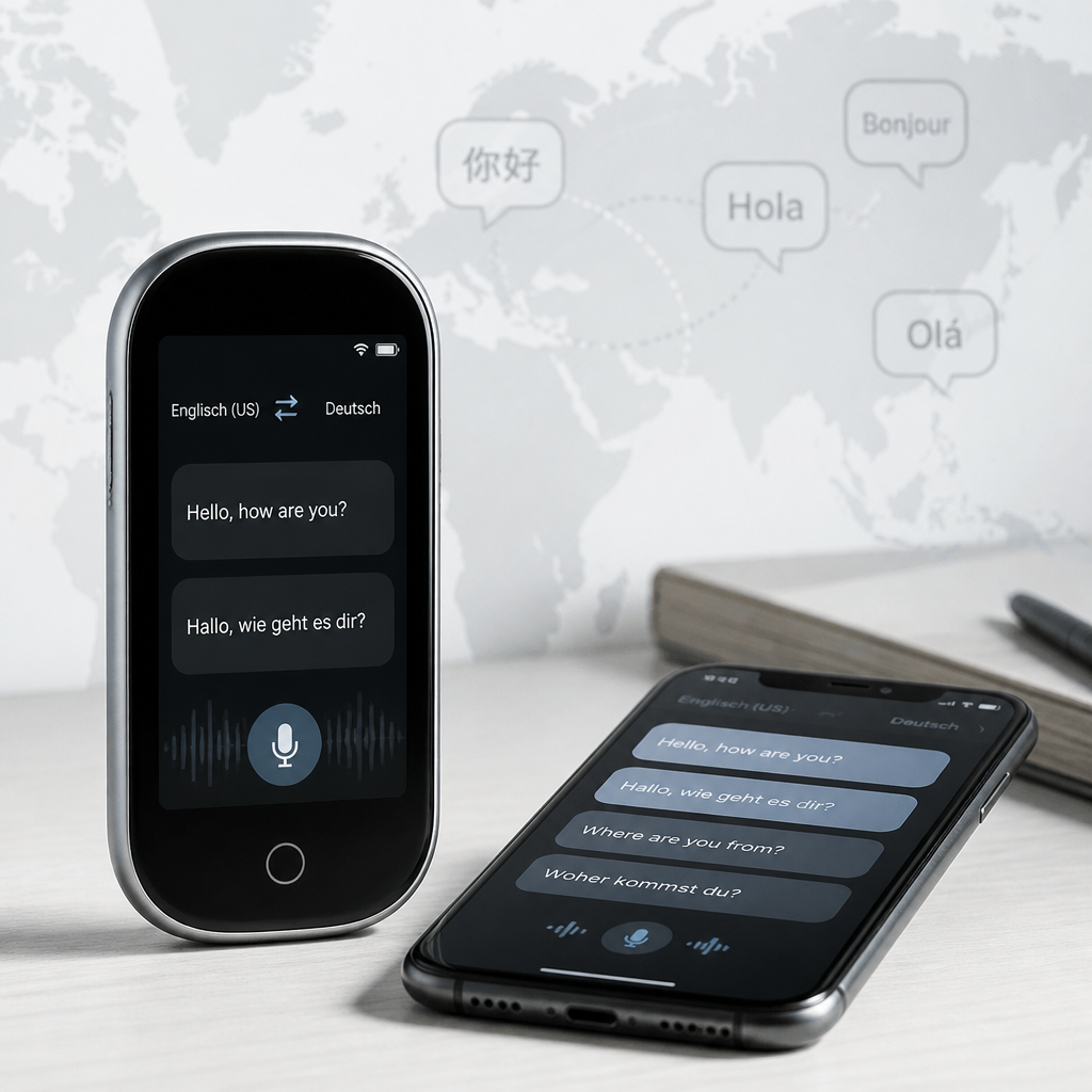 Moderner KI-Übersetzer neben einem Smartphone mit mehrsprachigem Dialog