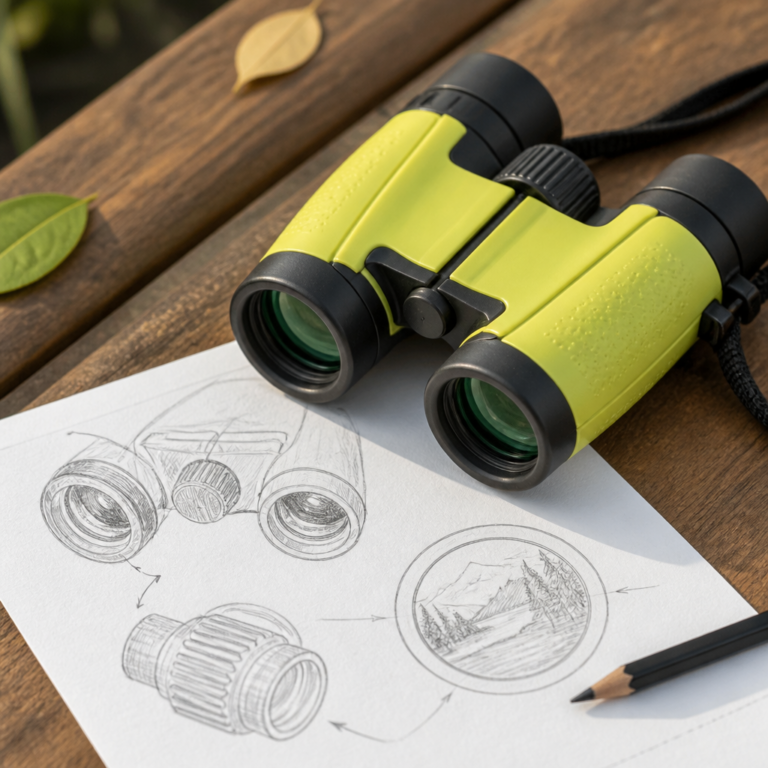 Kinderfernglas mit anschaulich dargestellten optischen Bauteilen und Fokussierrad