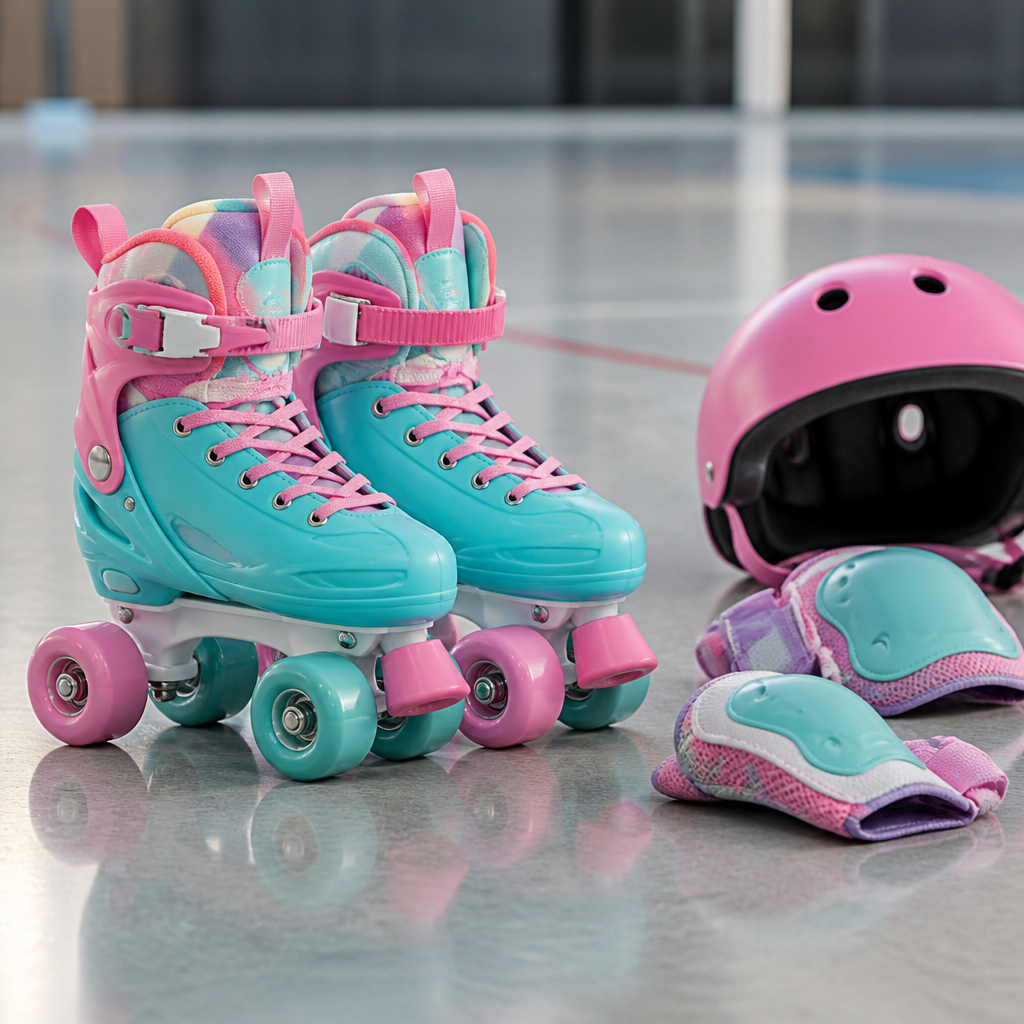 Kinderrollschuhe mit sichtbaren Rollen und Bremse auf einem glatten Übungsboden