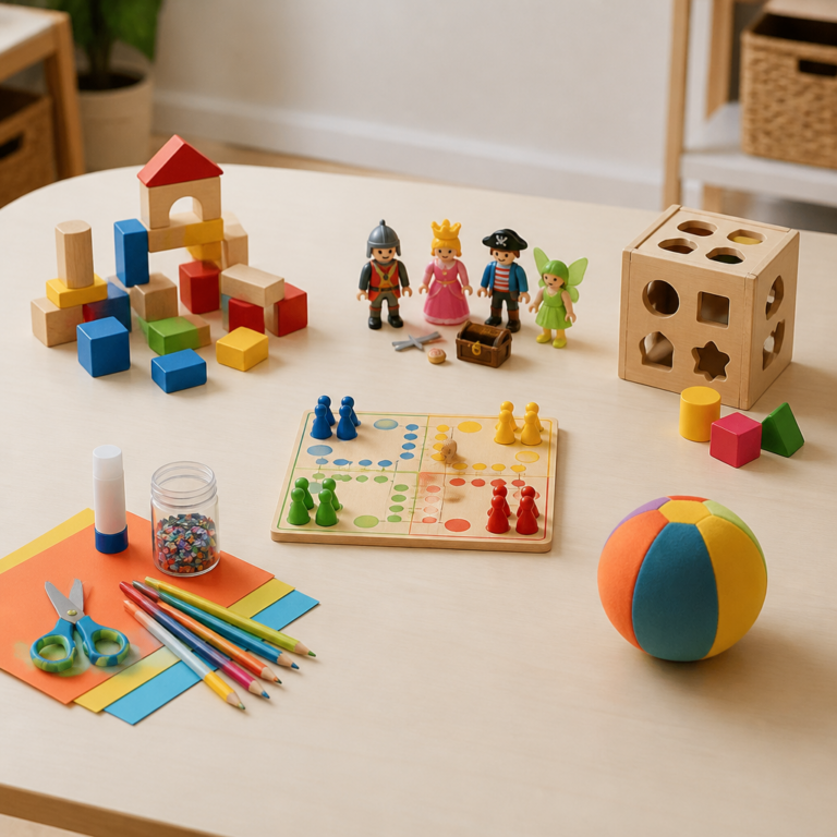 u00dcbersicht verschiedener Spielzeugarten von Bausteinen bis Kreativmaterial