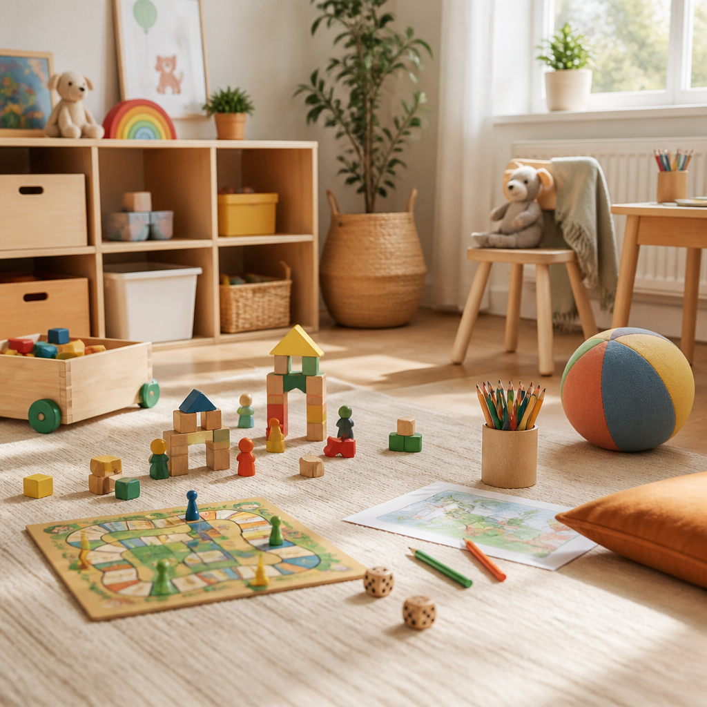 Vielfältiges Kinderspielzeug mit Bausteinen, Figuren, Brettspiel und Kreativmaterial in einer hellen Spielecke