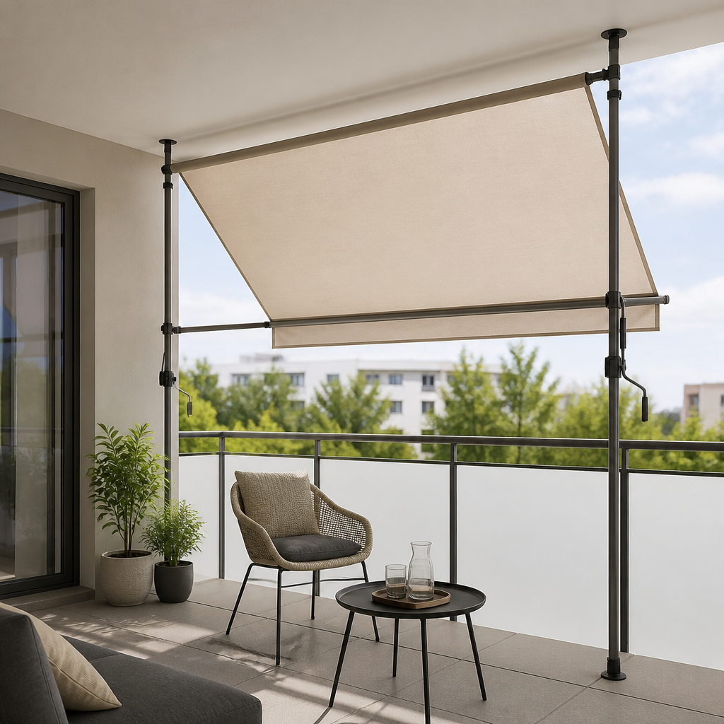 Ausgefahrene Klemmmarkise auf einem Balkon mit sichtbaren Klemmstützen