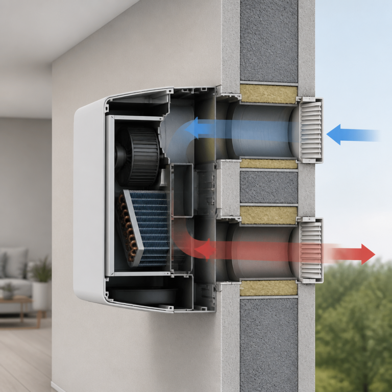 Schematische Bauarten einer Klimaanlage ohne Auu00dfengeru00e4t mit Wanddurchlu00e4ssen
