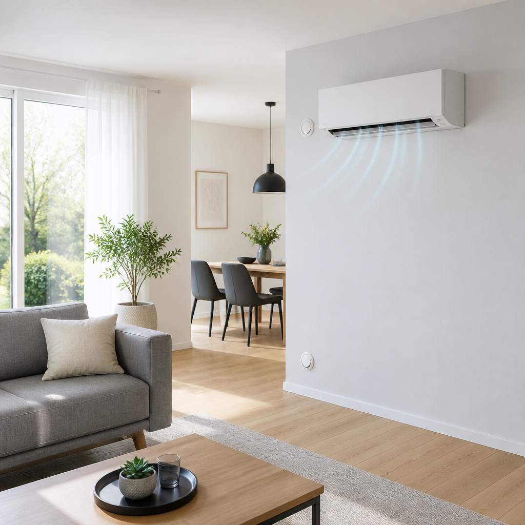 Wandmontierte Klimaanlage ohne Außengerät in einem hellen Wohnraum