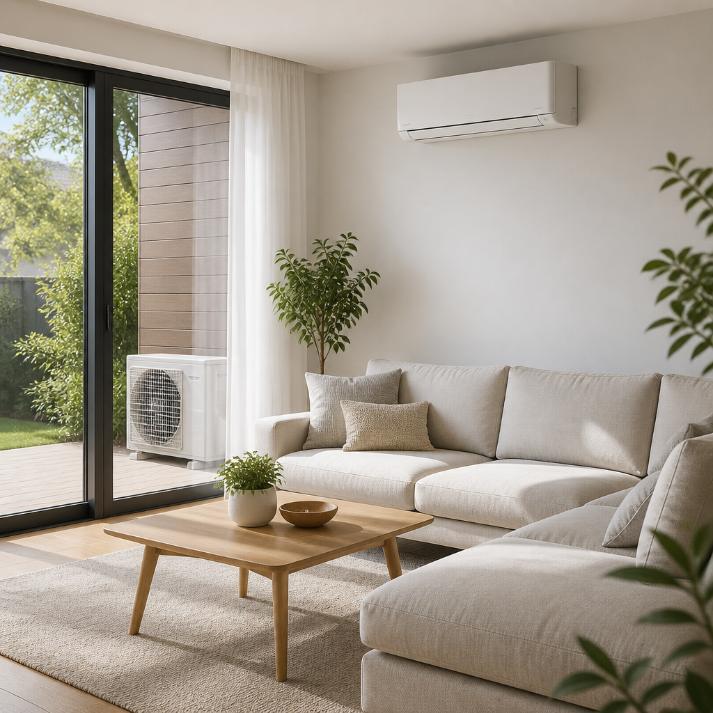 Split-Klimaanlage in einem hellen modernen Wohnzimmer