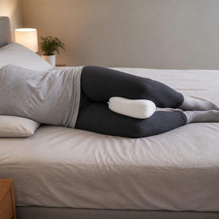 Kniekissen zwischen den Beinen in einer ergonomischen Seitenlage