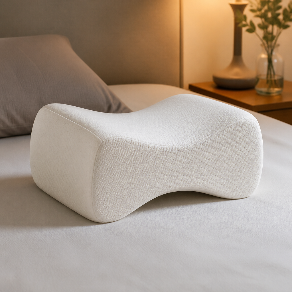 Ergonomisch geformtes Kniekissen auf einem Bett