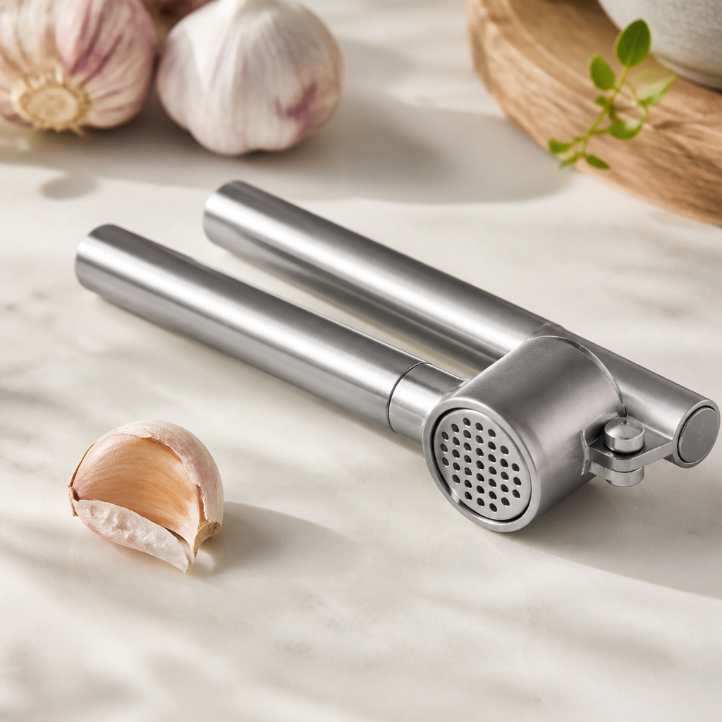 Knoblauchpresse aus Edelstahl mit frischer Knoblauchzehe auf einer Küchenarbeitsfläche