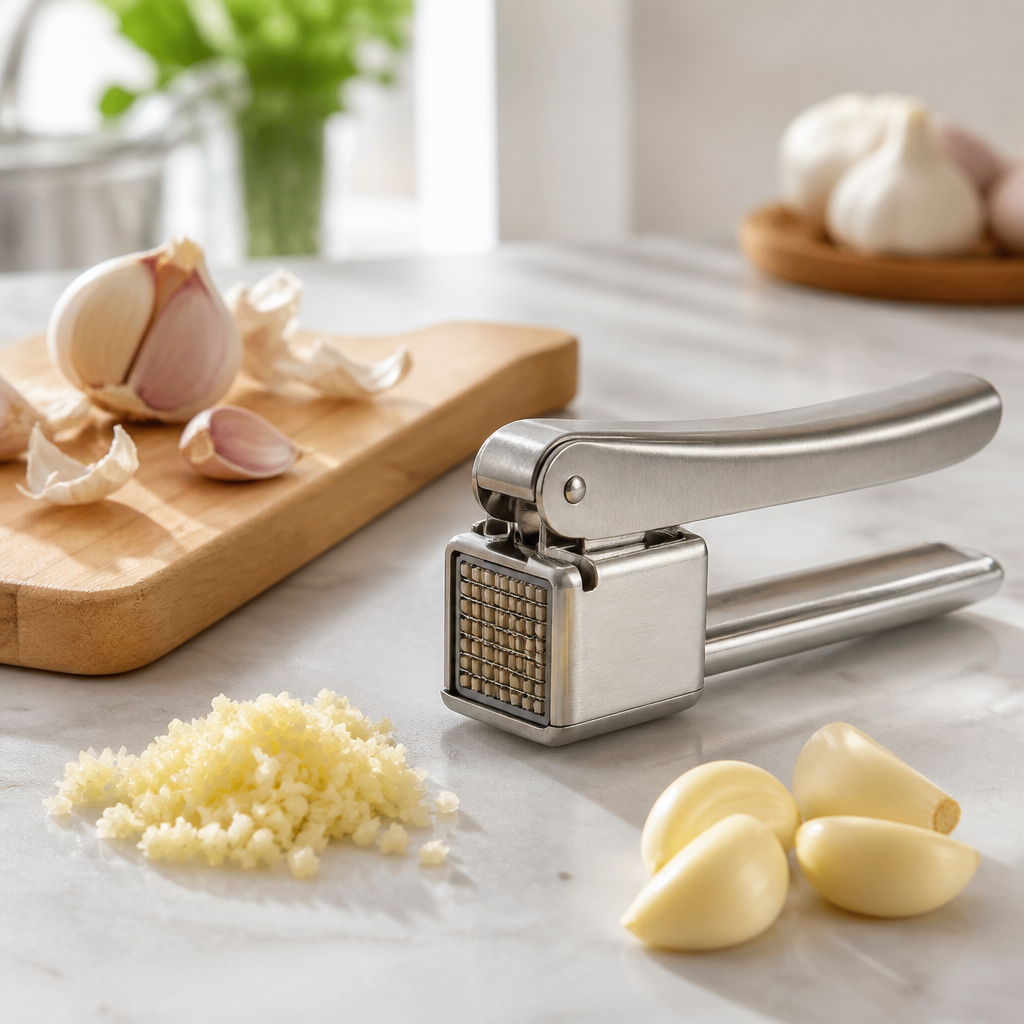 Knoblauchschneider mit geschälten Knoblauchzehen und geschnittenen Stücken auf einer Küchenarbeitsfläche