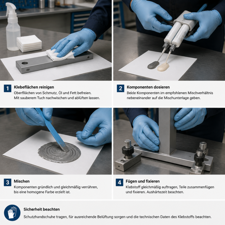 Schritte beim Mischen und Auftragen von Komponentenkleber auf vorbereitete Metallteile