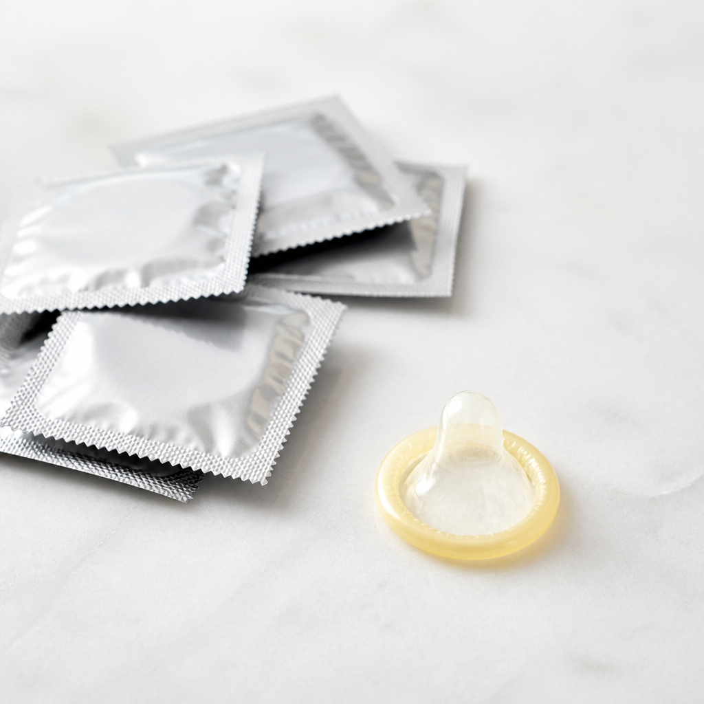 Ungeöffnete Kondomverpackungen und ein einzelnes Kondom auf einer hellen Oberfläche